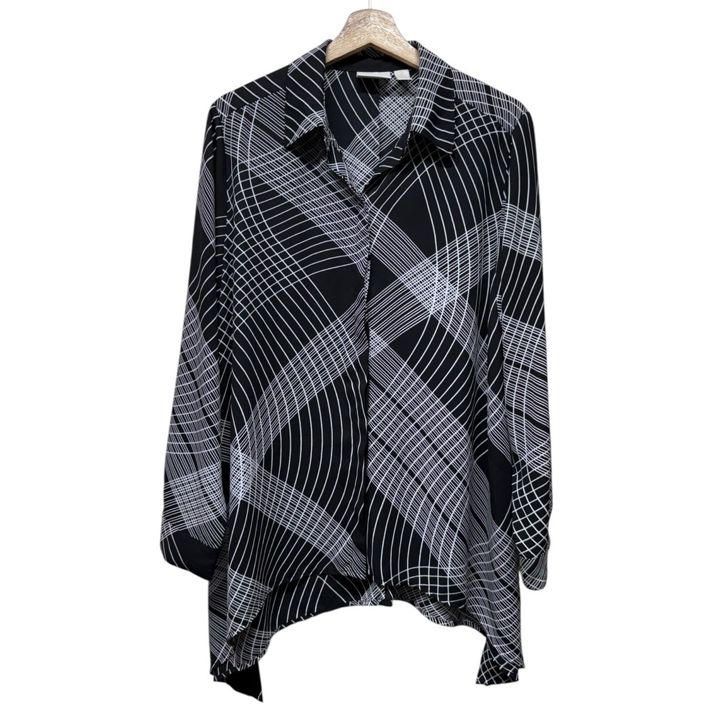 Chicos Button Up‎ Top Women Sz 2 L Artsy Long Sleeve Black Asymmetrical Chiffon